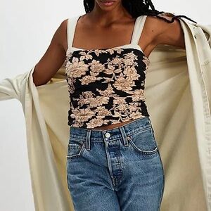 Free People Two Tone Tank Black Floral Size S NWT